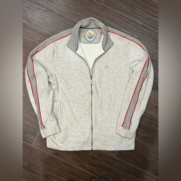 Tommy Bahama Light Gray Zip-Up Sweater with Red Stripes - Picture 1 of 10
